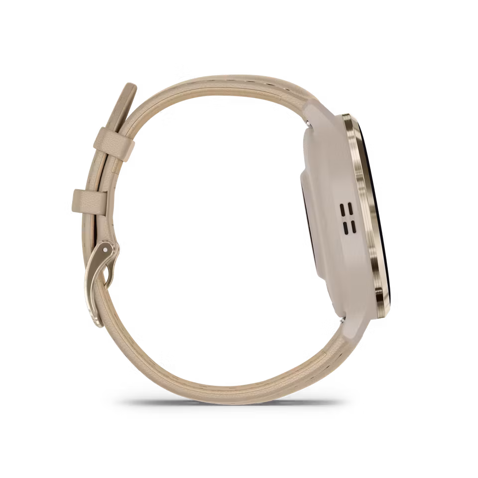 Garmin Venu® 3S Ramme i rustfritt stål og fargen Soft Gold med urkasse, skinnrem i fargen French Gray og ekstra gummirem