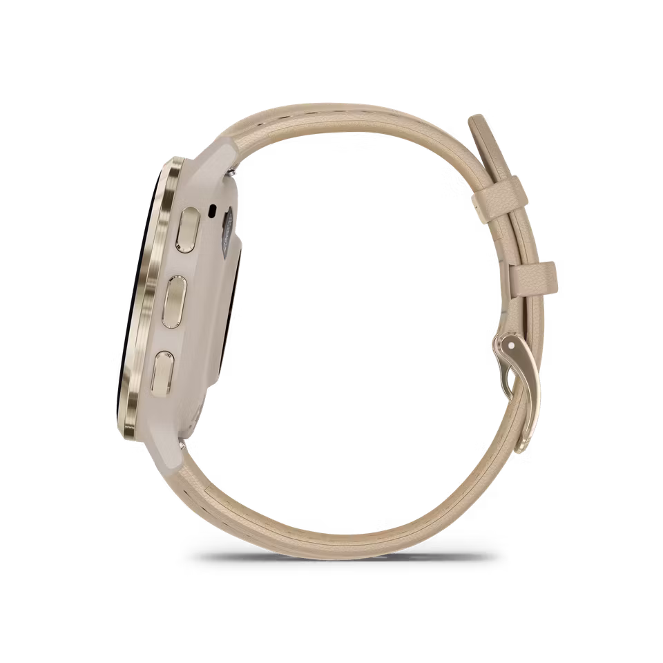 Garmin Venu® 3S Ramme i rustfritt stål og fargen Soft Gold med urkasse, skinnrem i fargen French Gray og ekstra gummirem