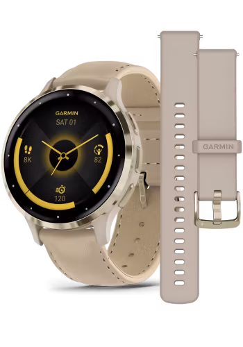 Garmin Venu® 3S Ramme i rustfritt stål og fargen Soft Gold med urkasse, skinnrem i fargen French Gray og ekstra gummirem