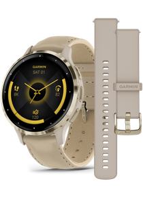 Garmin Venu® 3S Ramme i rustfritt stål og fargen Soft Gold med urkasse, skinnrem i fargen French Gray og ekstra gummirem
