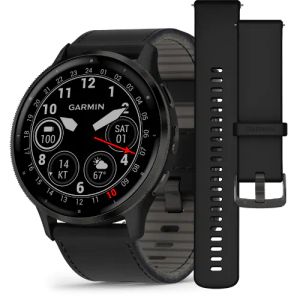 Garmin Venu® 3 Skifergrå ramme i rustfritt stål med sort urkasse, skinnrem og sort gummirem