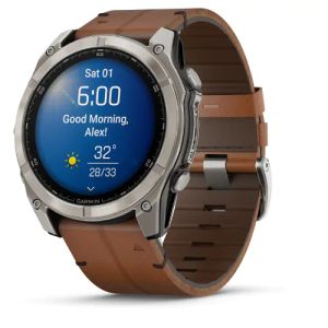 Garmin fēnix 8 – 51 mm, AMOLED Sapphire, Karbongrå DLC med kastanjefarget skinnrem