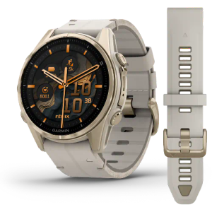 Garmin fēnix 8 – 43 mm, AMOLED Sapphire, Soft Gold med kalksteinsfarget skinnrem