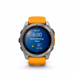 Garmin fēnix 8 – 51 mm, AMOLED Sapphire, Titan med oransje/grafittfarget silikonrem