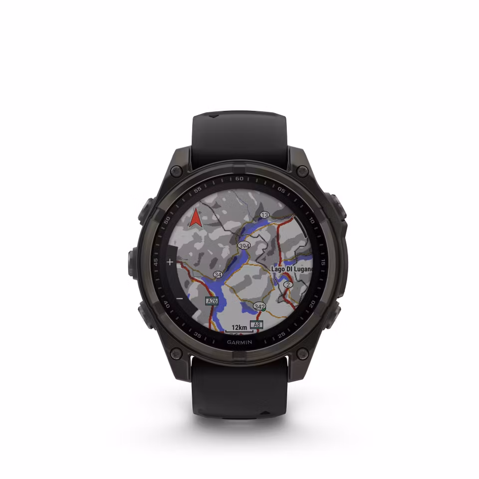 Garmin fēnix® 8–47 mm, Solar, Sapphire Sapphire, Karbongrå DLC-titan med sort/steingrå silikonrem