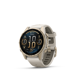 Garmin fēnix® 8–43 mm, AMOLED Sapphire, Soft Gold med tåkegrå/mørk sandsteinsfarget silikonrem