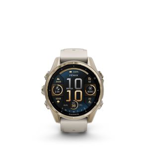 Garmin fēnix® 8–43 mm, AMOLED Sapphire, Soft Gold med tåkegrå/mørk sandsteinsfarget silikonrem