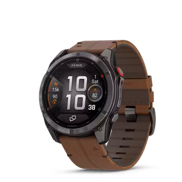 Garmin fēnix® 8 Pro – 51 mm, AMOLED Sapphire, Karbongrå DLC-titan med kastanjefarget skinnrem
