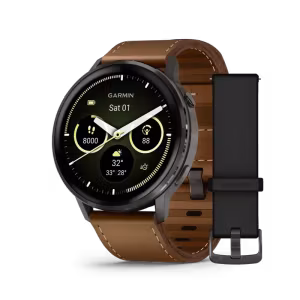 Garmin Venu® 4 - 45 mm Skifergrå med sort silikonrem og brun skinnrem