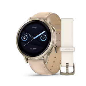 Garmin Venu® 4 - 41 mm Lunar Gold med Bone-silikonrem og lys sandfarget skinnrem