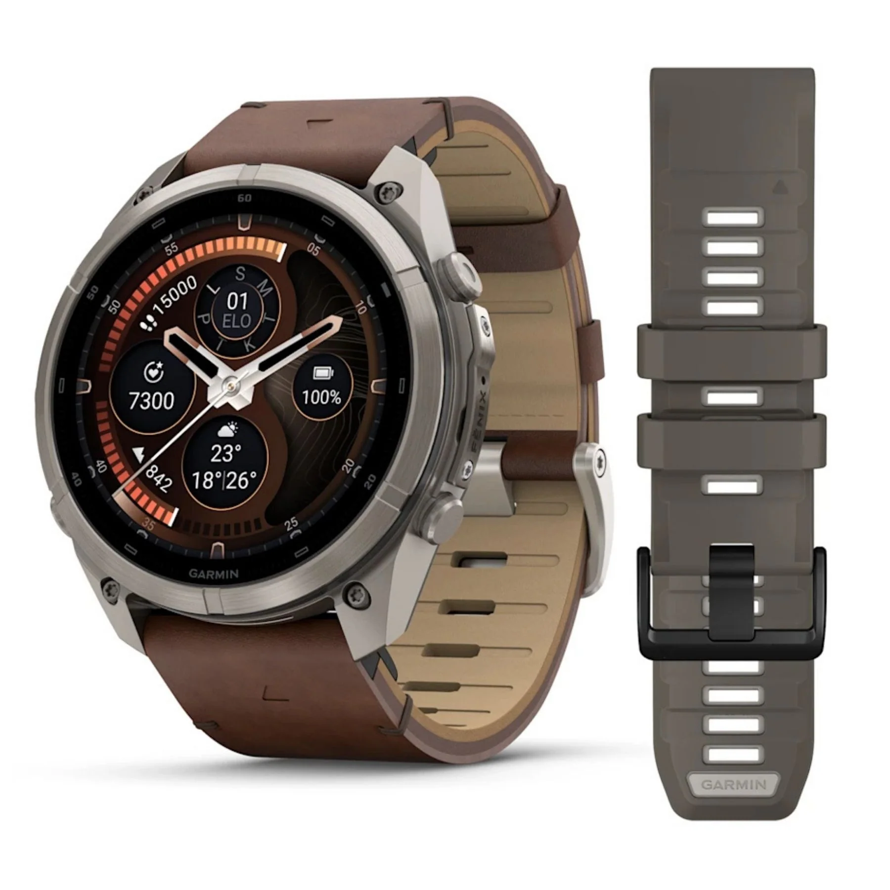 Garmin fēnix® 9 Pro – inReach®, 51mm Titan med valnøttfarget skinnrem