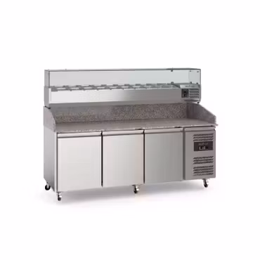 Komplett pizzakylbänk - 3 dörrar - hjul - 40x60 cm - granitskiva - Kylränna 10x 1/4 GN