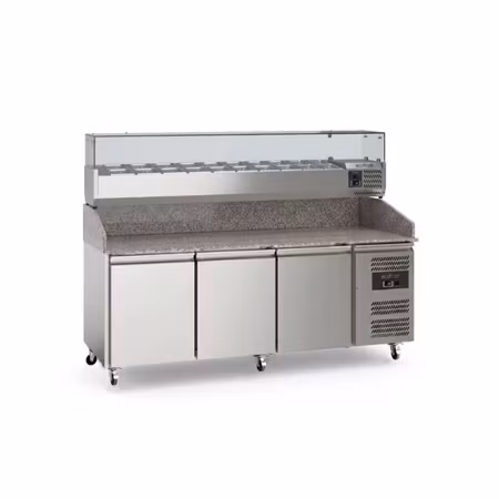 Komplett pizzakylbänk - 3 dörrar - hjul - 40x60 cm - granitskiva - Kylränna 10x 1/4 GN