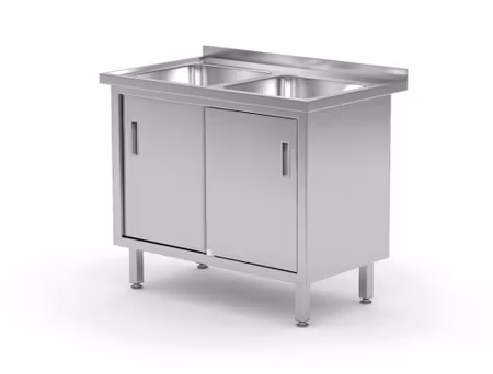 Table med 2 sinks, cabinet – welded, med sliding doors, HENDI, Profi Line, 1000x600x(H)850mm