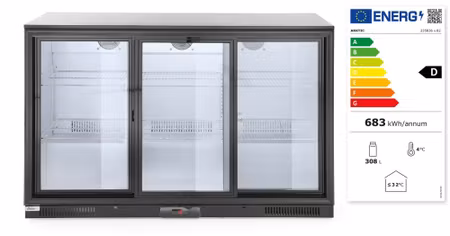 Back bar Kylskåp med triple sliding doors, Arktic, 254L, Svart, 230V/160W, 1350x520x(H)865mm