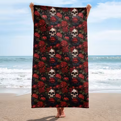 Handduk - 150x75 cm - Roses & Skulls