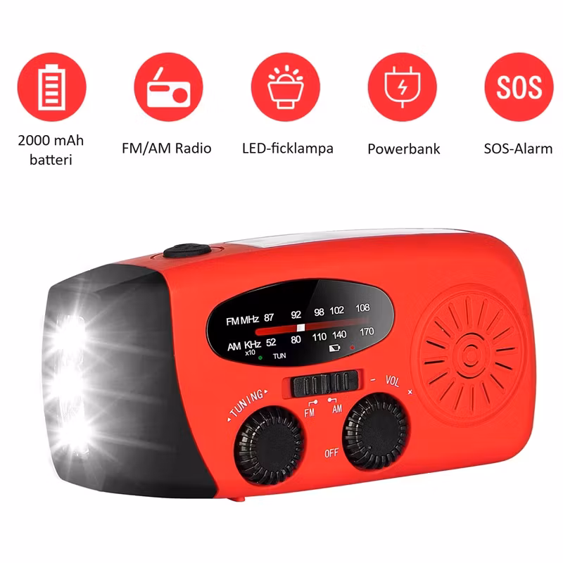 Kampiradio/hätäradio aurinkokennolla ja powerbankilla