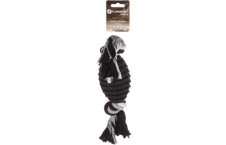 Hundeleke gladiator rugbyball med tau sort 8x8x42cm gummi