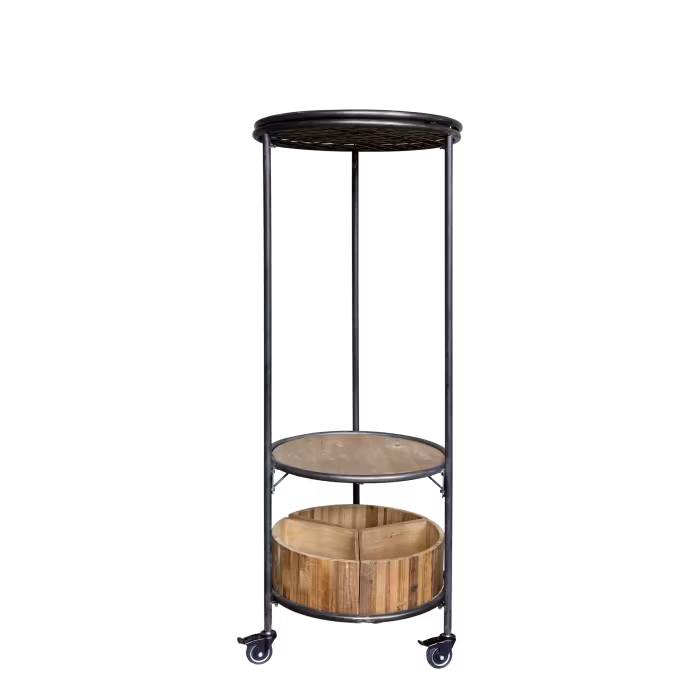 Display på hjul med 3 hyllor och 3 trälådor