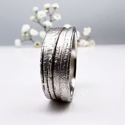 Misty Forest "Bark" Mens Ring - 18K White Gold with Rhodium