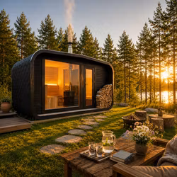 Bastu FLAMMA 420x245 – Stor Bastustuga med Relax & Panoramafönster