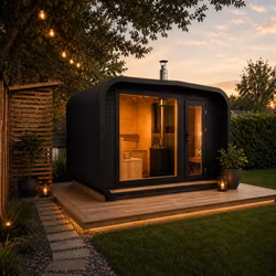 Bastu FLAMMA 340x245 – Bastustuga med Relax & Panoramafönster