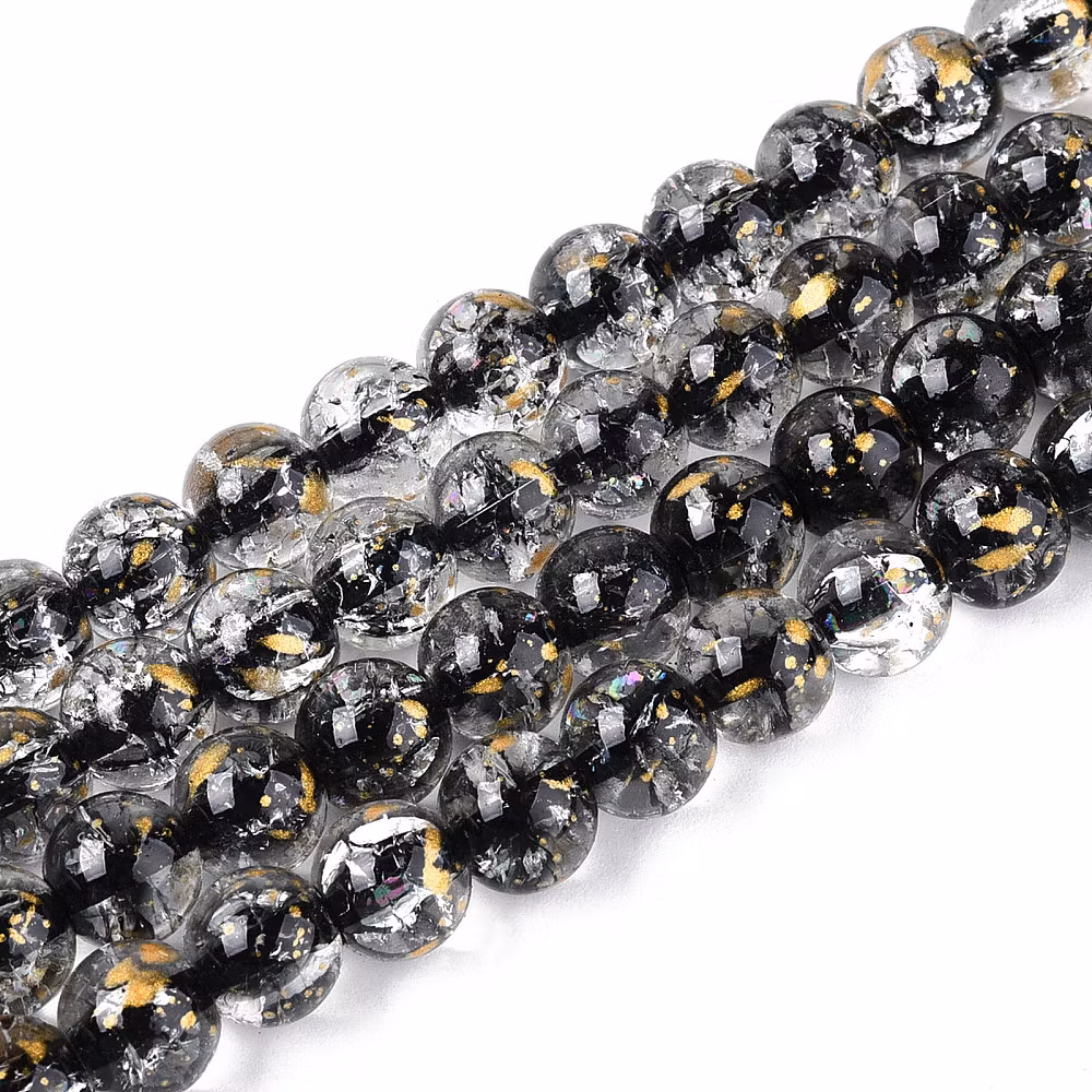 3406 Glaspärla rund Krakelerad med guldfolie svart 8mm