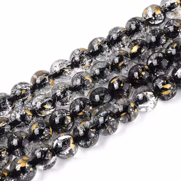 3406 Glaspärla rund Krakelerad med guldfolie svart 8mm