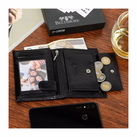 Svart läderplånbok för män, vertikal RFID-plånbok