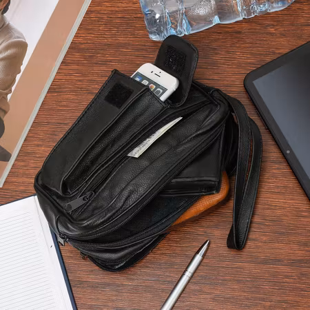 Svart tvåkammarhandväska, läderväska för män