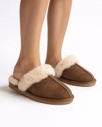 SANDEFJORD Sheepskin Slippers - Leather Brown/White (EU36-EU41)