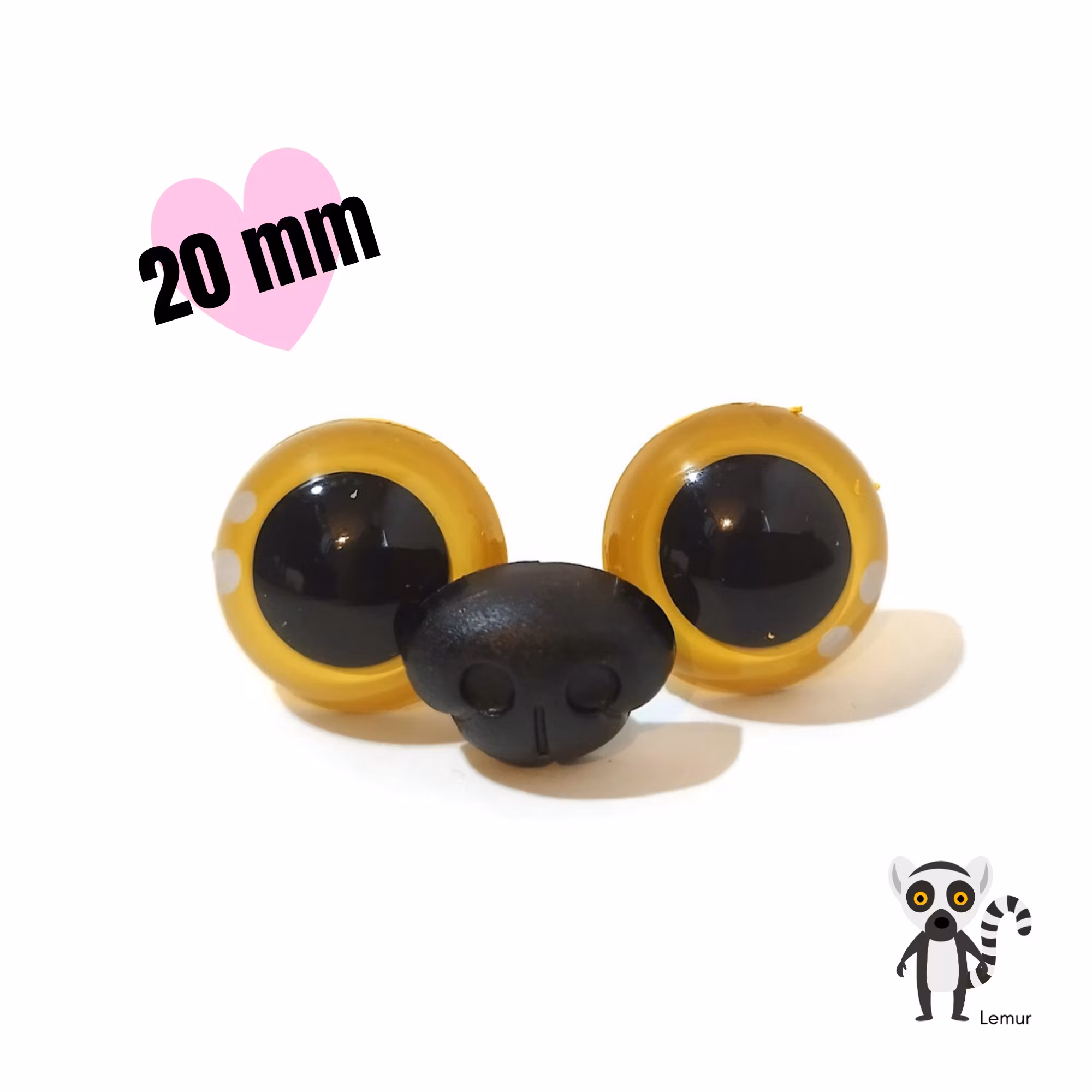 LEMUR gula ögon & nos 20 mm • handmålade säkerhetsögon • amigurumi ögon • virka • safety eyes • nalleögon