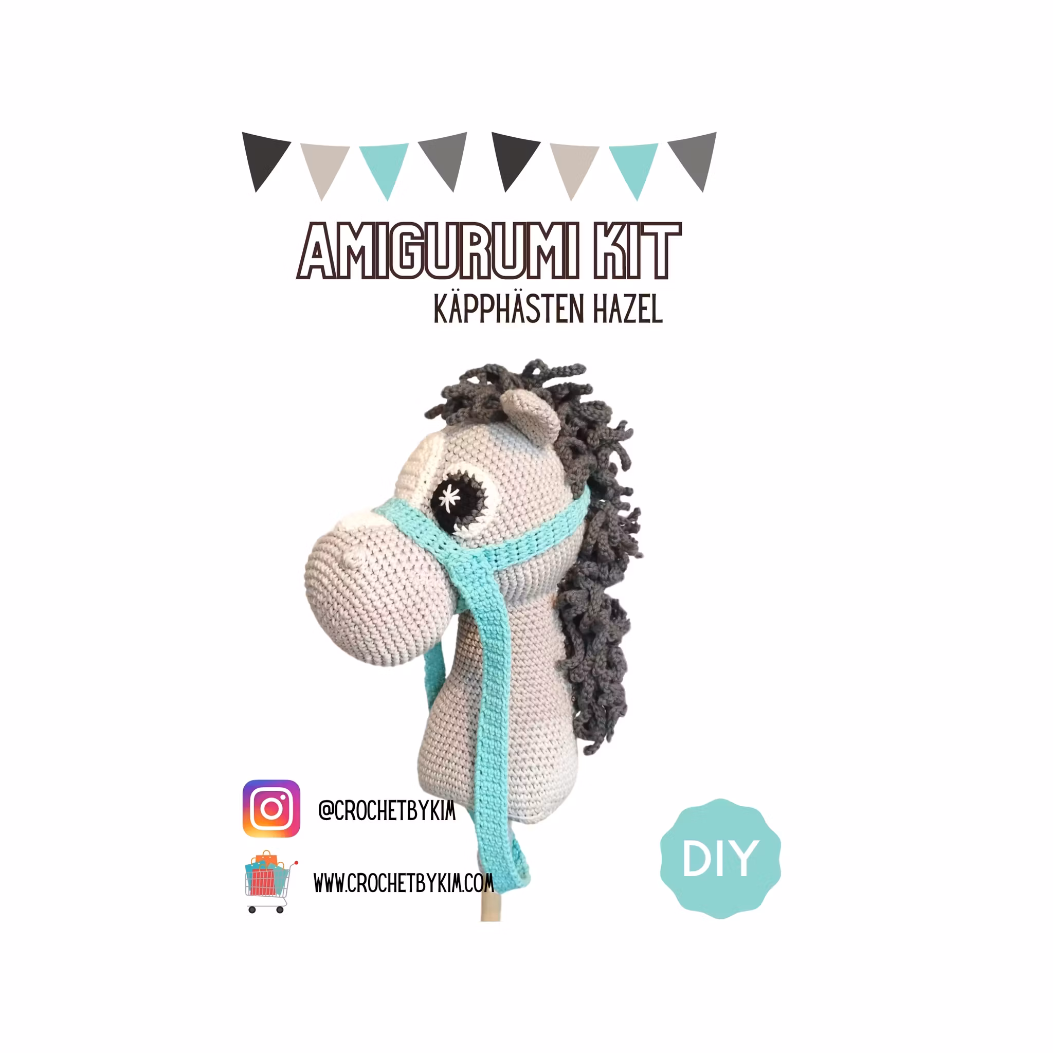 Amigurumi kit Ljusgrå käpphäst • Hazel hobby horse • Virkset gosedjur • DIY-kit • Crochetbykim