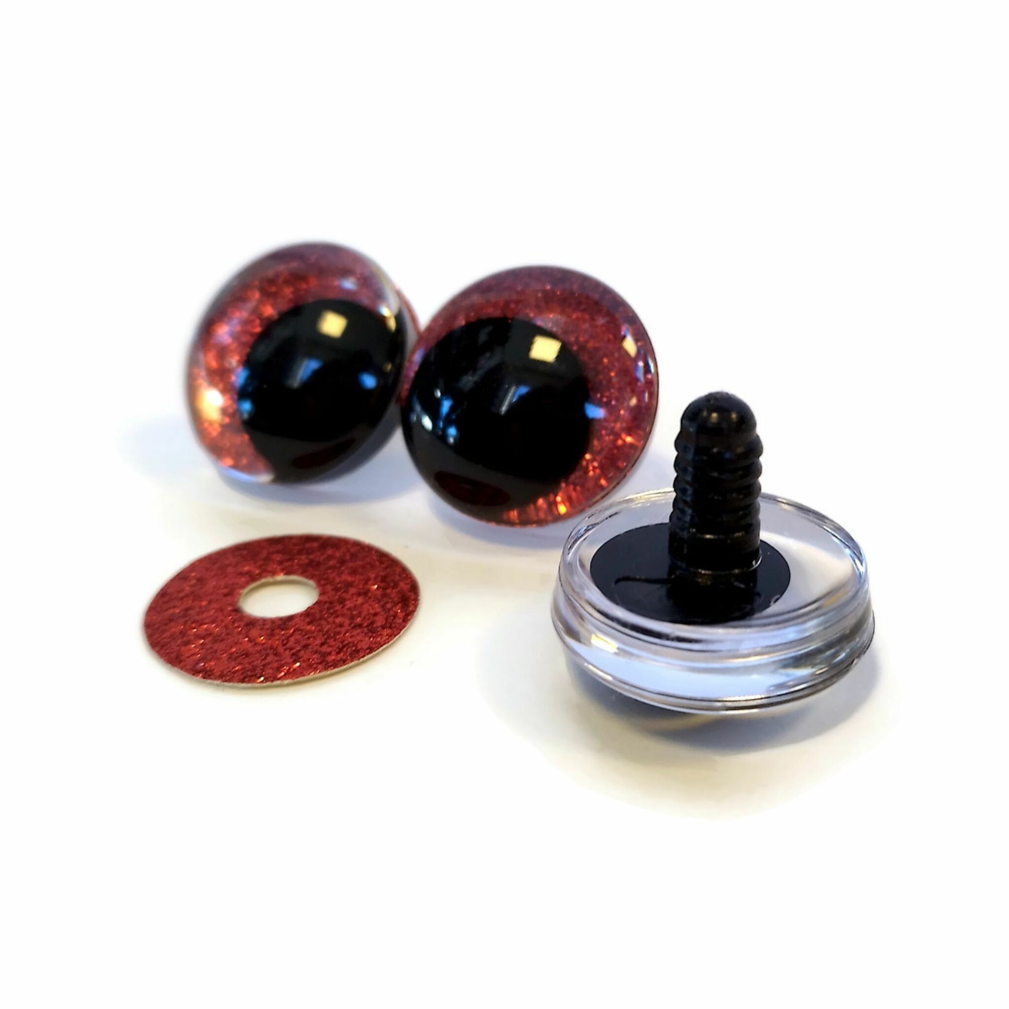 RÖD 3D Off center Glitterögon 16mm 20mm 25mm 30mm • Sinker eyes • amigurumi ögon • virka • safety eyes • nalleögon