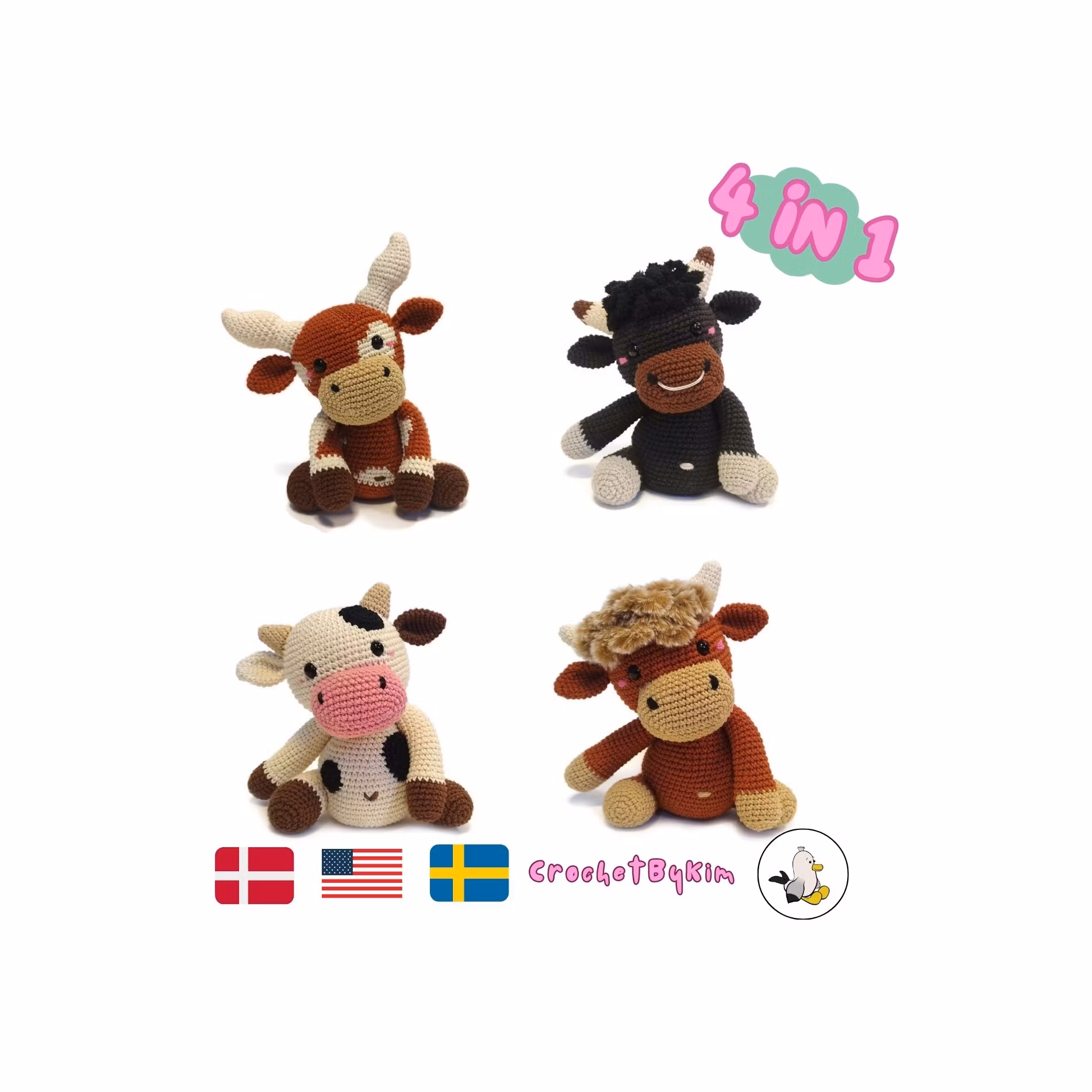 VIRKMÖNSTER Rosalita & CO • Bundle pack • Höglandsko • Tjur • Texas Longhorn • amigurumi virkbeskrivning • crochetbykim • PDF