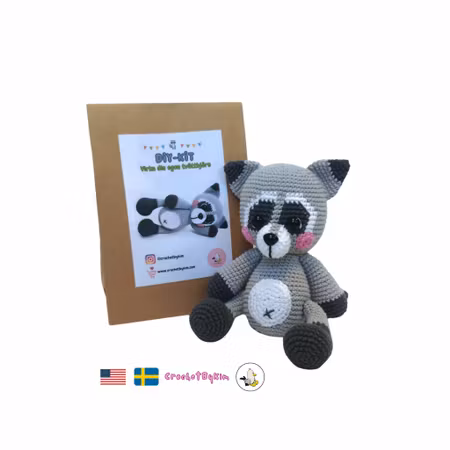 DIY kit Smokey Tvättbjörn • Raccoon • Virkset gosedjur • Virka din egen tvättbjörn • Crochetbykim