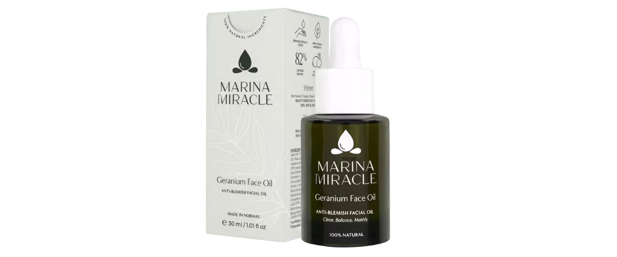 Balanserende ansiktsolje med geranium og tetre som pleier fet og akneutsatt hud uten å tette porene.