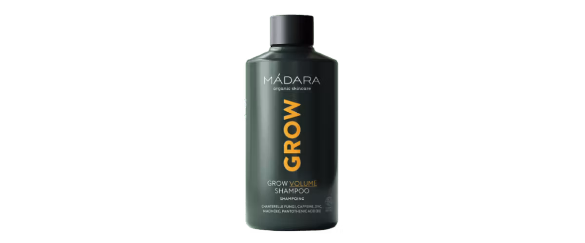 Madara Grow Volume Shampoo – volumgivende sjampo med koffein, vitamin B3 og B5 for fyldig og mykt hår, egnet for daglig bruk og alle hårtyper.