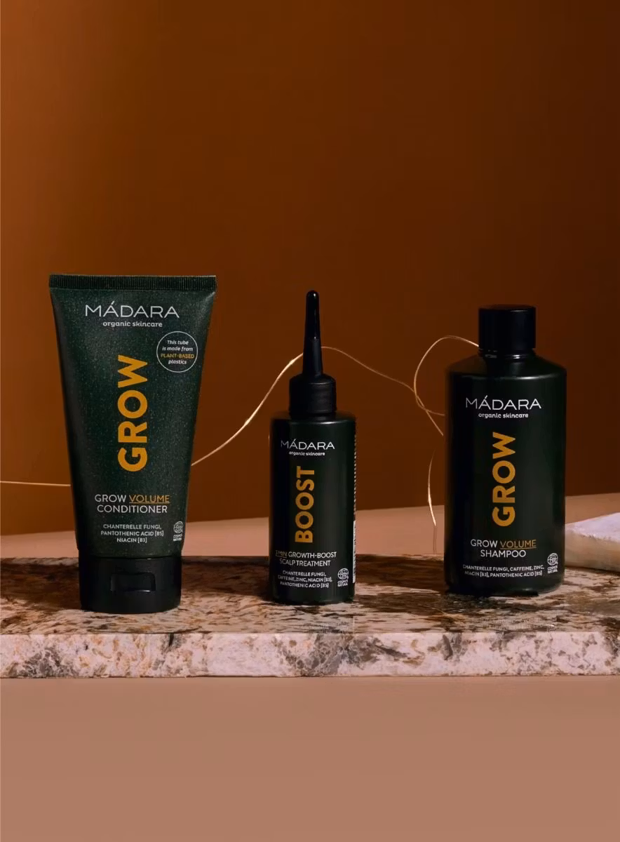 Madara Grow Volume Conditioner – volumgivende balsam som styrker, beskytter og gir fyldig hår uten å tynge det ned. Miljøvennlig emballasje.