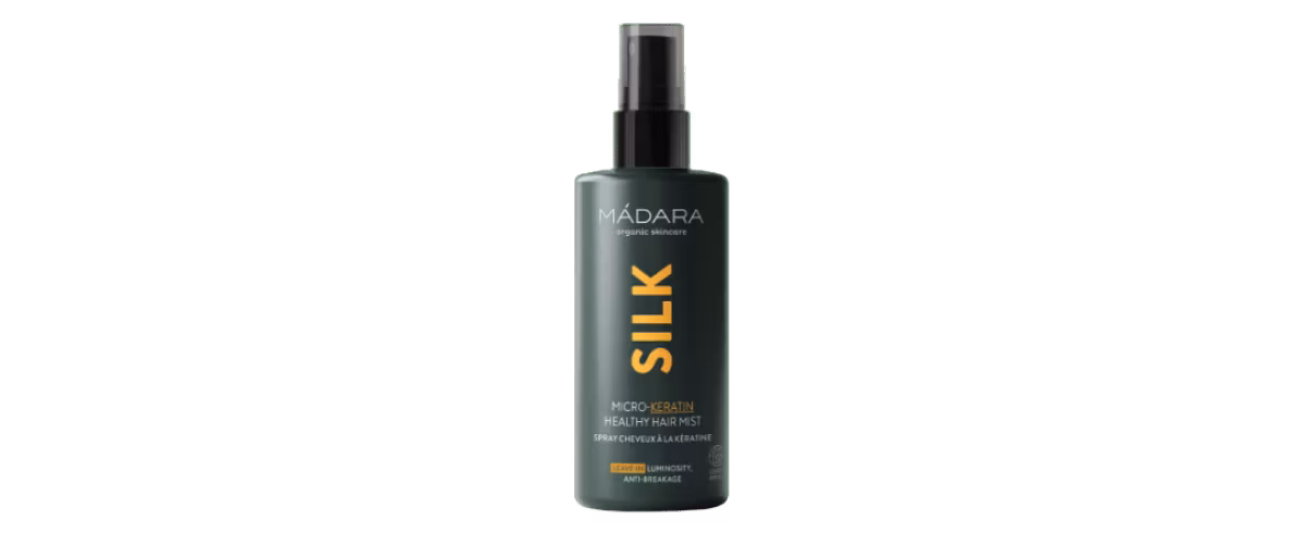 Madara Silk Micro-Keratin Hair Mist – styrkende leave-in spray som reparerer skadet hår, reduserer splittede tupper og gir glans uten å tynge.