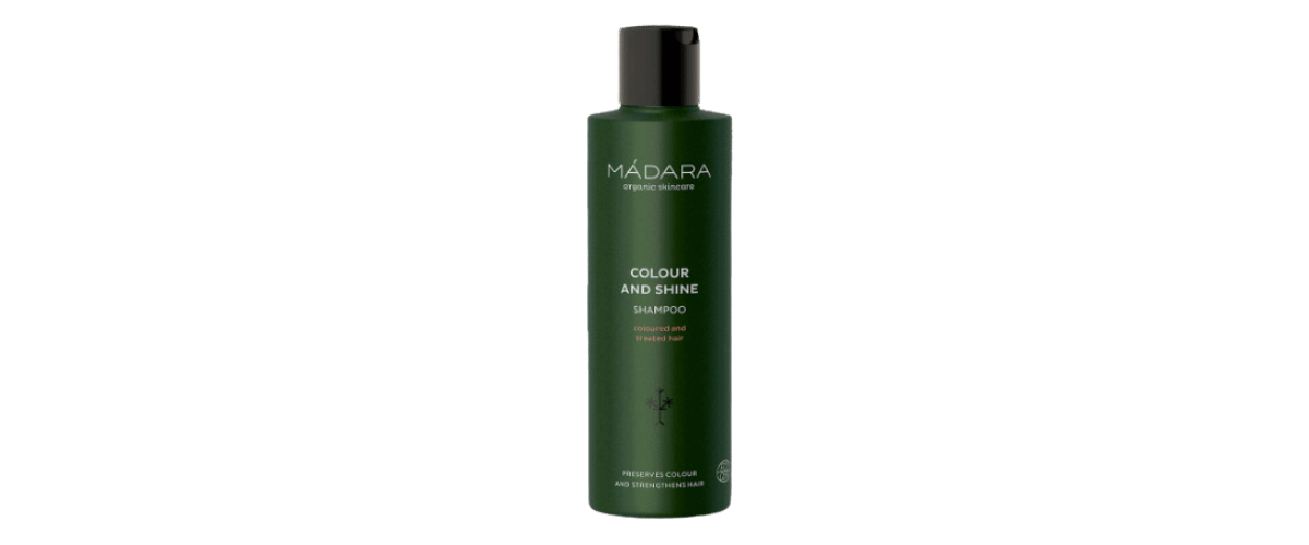 Madara Colour & Shine Shampoo – fargebevarende sjampo for glansfullt, mykt hår. Inneholder linfrø og hestekastanje. ECOCERT-sertifisert og resirkulert emballasje.