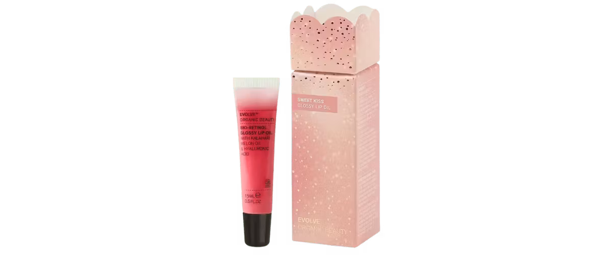 Evolve Sweet Kiss Gavesett – økologisk lipgloss med bio-retinol og Kalahari Melonfrøolje for fukt og volum, i bærekraftig emballasje.