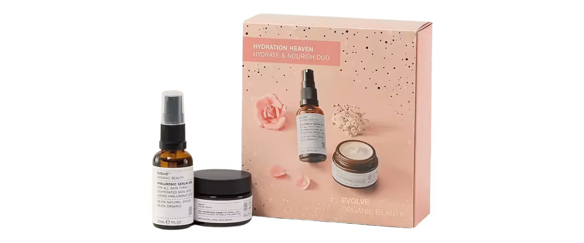 Evolve Hydration Heaven Gavesett – fuktgivende serum og krem med hyaluronsyre og arganolje som gir glød, mykhet og reduserer fine linjer.