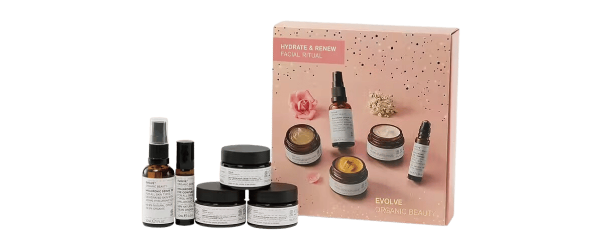 Evolve Hydrate & Renew Facial Ritual – komplett hudpleierutine med fem økologiske produkter for hydrering, plumping og en strålende hud.