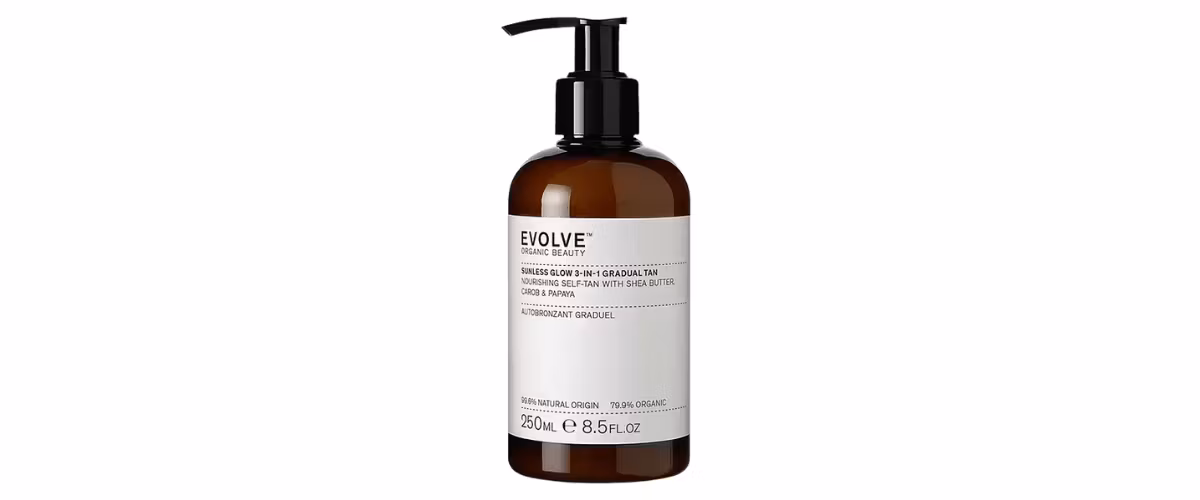 Evolve Sunless Glow 3-i-1 Gradual Tan – økologisk selvbruner som gir naturlig brunfarge til ansikt og kropp, samtidig som den pleier huden.