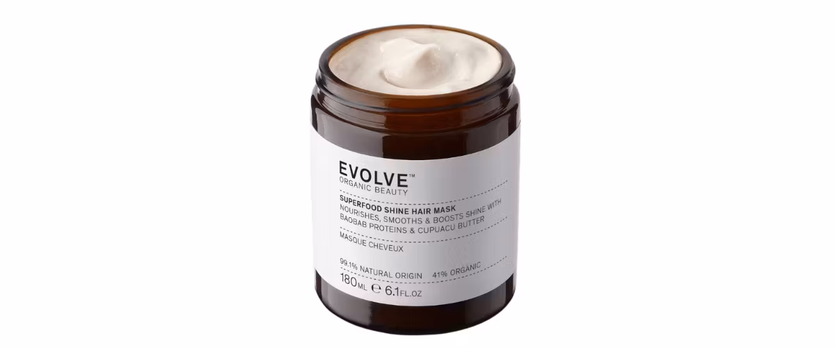 Evolve Superfood Shine Hair Mask – Økologisk hårkur for tørt og skadet hår med cupuacu-smør, monoi-olje og baobab-proteiner.