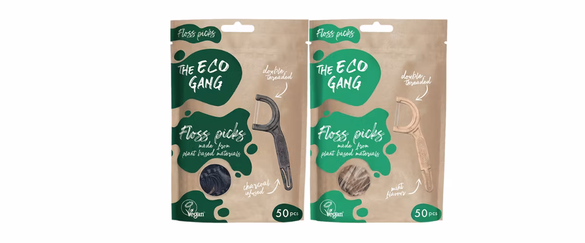 The Eco Gang Plantebasert Floss Pick – Miljøvennlig tanntråd med mintsmak og dobbel tråd. Vegansk og plastredusert.