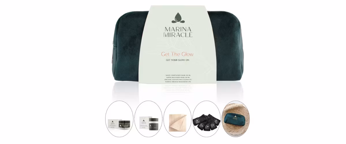 Marina Miracle Get the Glow Gavesett – ansiktsmasker og spa-tilbehør for glødende hud.