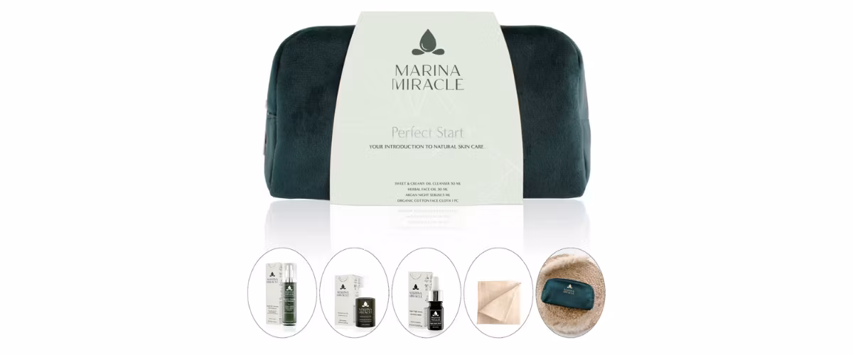 Marina Miracle Perfect Start Gavesett med oljerens, ansiktsolje, nattserum, klut og makeup-bag. Naturlig hudpleie for alle hudtyper.