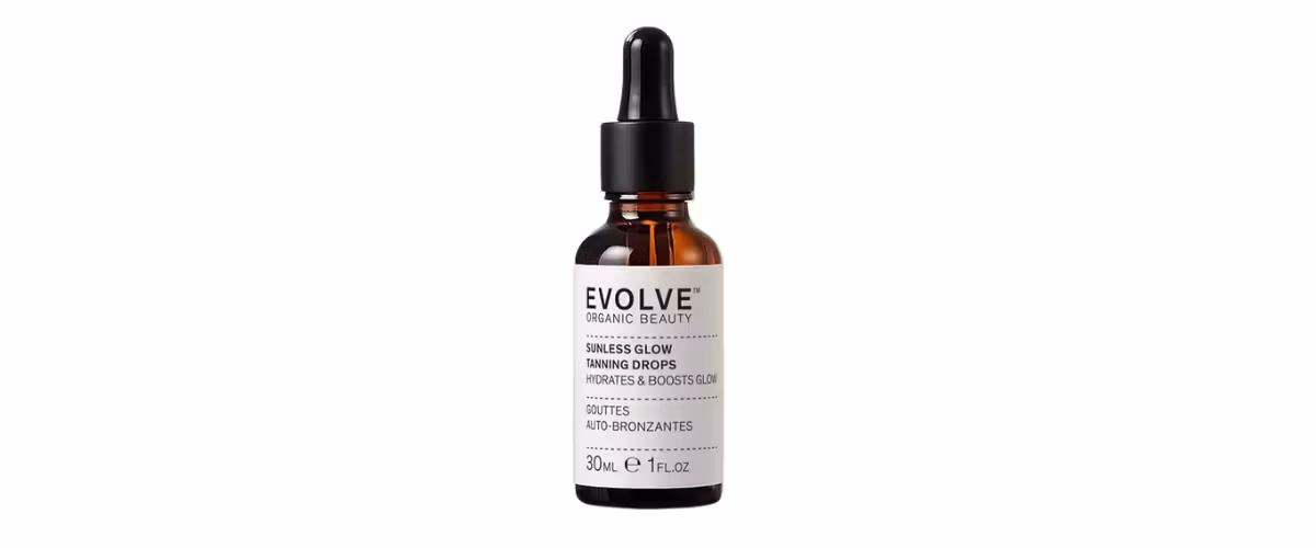 Evolve Sunless Glow Tanning Drops – økologiske selvbruningsdråper til ansikt som gir naturlig glød og jevn brunfarge uten skjolder.